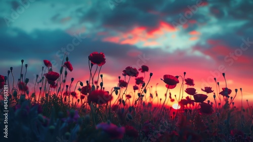 A low-angle view of a poppy field at sunset  with the flowers silhouetted against a vibrant sky
