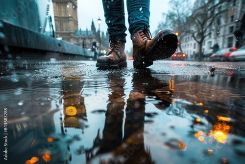 Raining london urban footwear walking puddle.