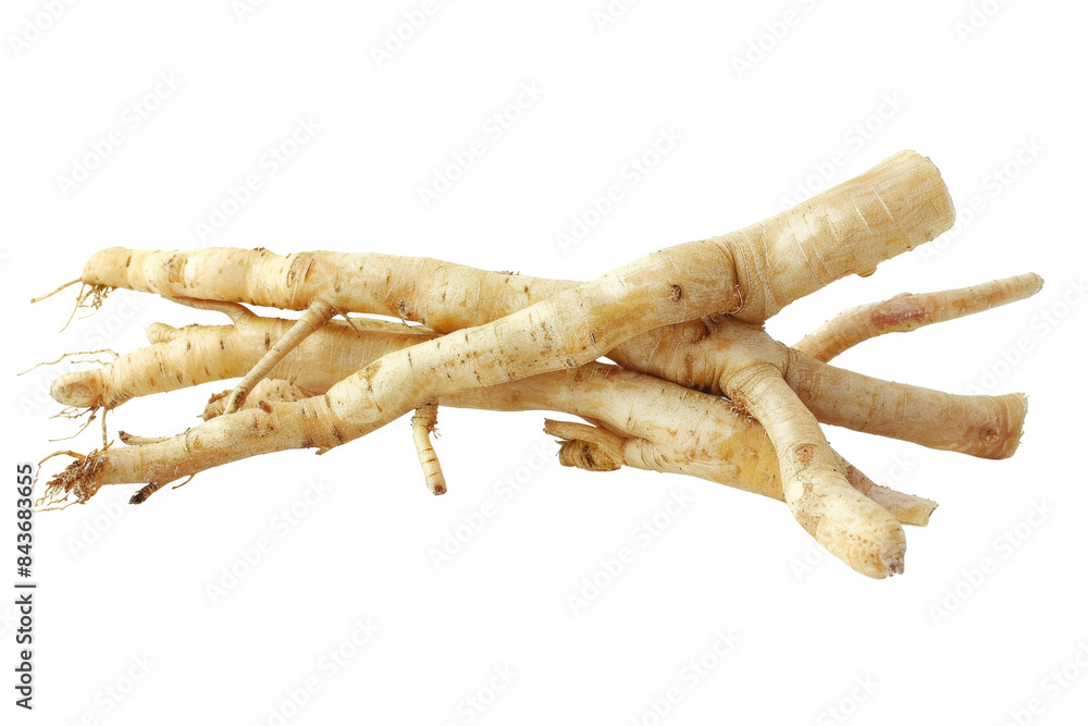 Fresh Ginseng Roots Isolated on White Background - High-Quality Image of Natural Herbal Medicine Ingredient for Health and Wellness, Perfect for Food, Nutrition, and Alternative Medicine Concepts Fresh Ginseng Roots Isolated on White Background - High-Quality Image of Natural Herbal Medicine Ingredient for Health and Wellness, Perfect for Food, Nutrition, and Alternative Medicine Concepts