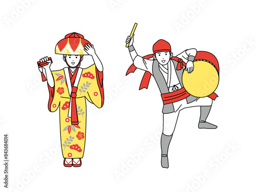 沖縄の人物と琉装のイラスト