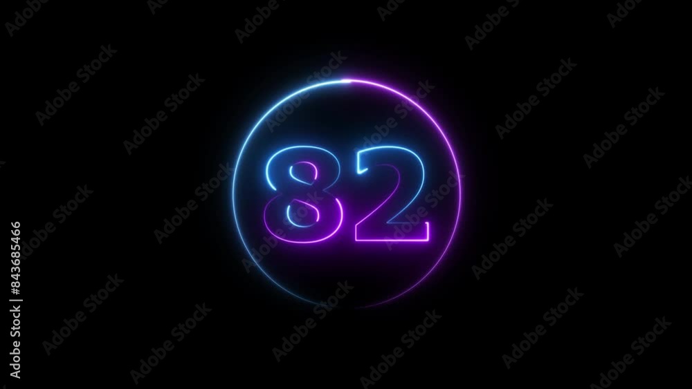 82 number neon text animation on black background. 82 number neon text animation on black background.