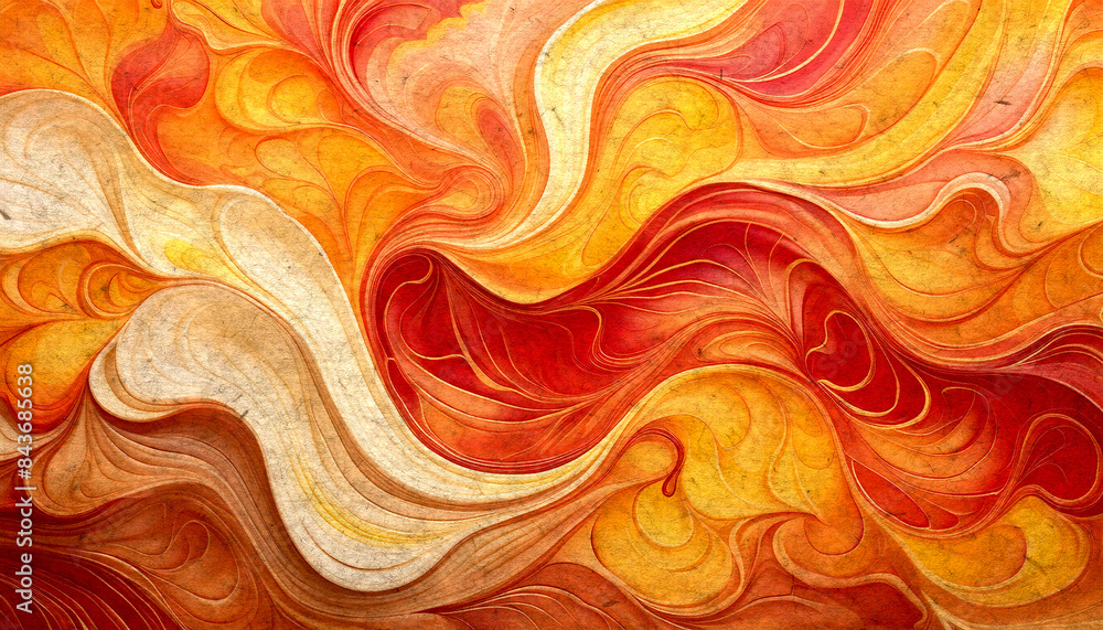 Abstract pattern with swirling shapes in warm tones of orange, red, and yellow, resembling marbled rough paper texture and natural rock patterns. Abstract pattern with swirling shapes in warm tones of orange, red, and yellow, resembling marbled rough paper texture and natural rock patterns.