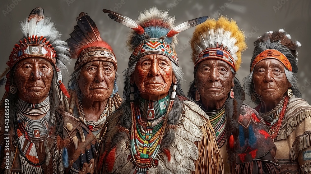 Fototapeta premium Five Native American elders in traditional attire with vibrant feathers and intricate beadwork, standing solemnly together