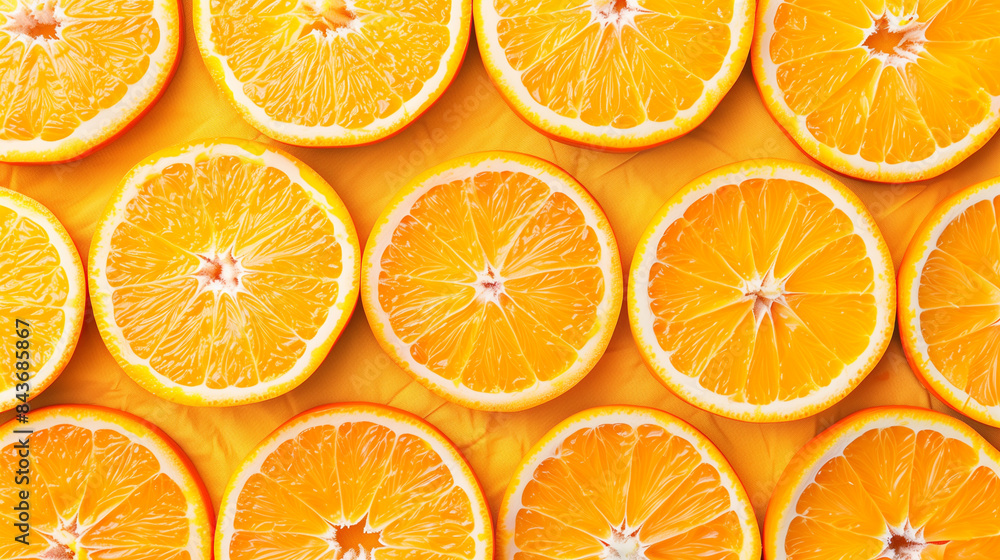 A close-up of many orange slices. The slices are cut in half and arranged in a pattern A close-up of many orange slices. The slices are cut in half and arranged in a pattern