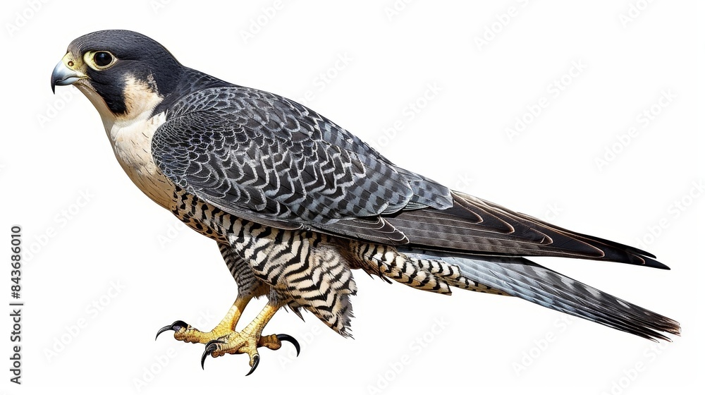 Majestic peregrine falcon stands proudly on a white background. Gazing to the right. Showcasing its powerful beak. Talons. And elegant feathers Majestic peregrine falcon stands proudly on a white background. Gazing to the right. Showcasing its powerful beak. Talons. And elegant feathers