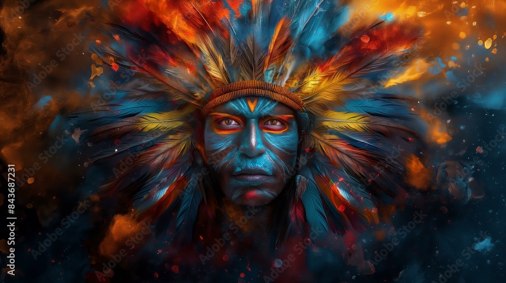 Vibrant portrait of a person wearing a traditional feather headdress, surrounded by vivid color splashes.