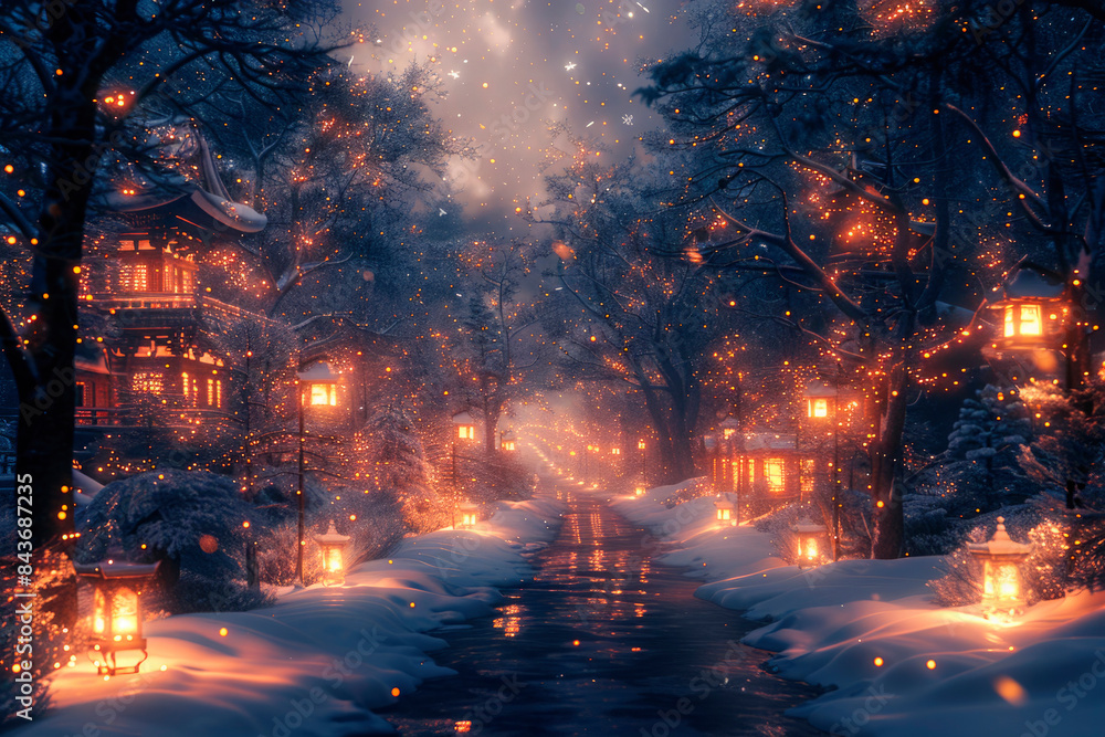 magical, fairy-tale snowy path, evening, lights of street garlands glow, orange lamps, copy space magical, fairy-tale snowy path, evening, lights of street garlands glow, orange lamps, copy space
