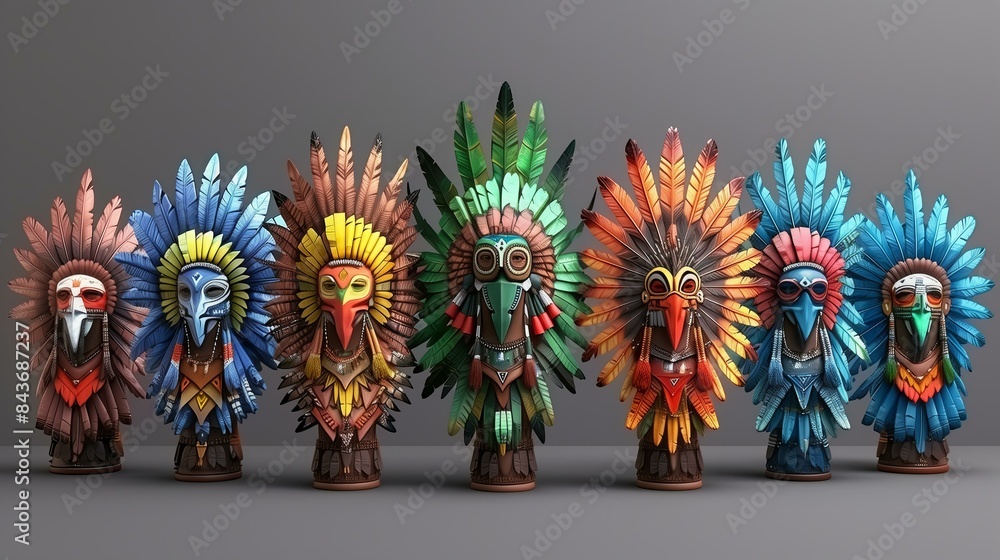 A vibrant and colorful array of tribal masks with intricate feather designs displayed in a row. A vibrant and colorful array of tribal masks with intricate feather designs displayed in a row.