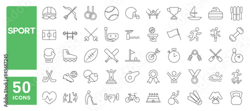 Set of 50 line icons related to sport, athletic, soccer, active, entertainment, Editable stroke. Vector illustration