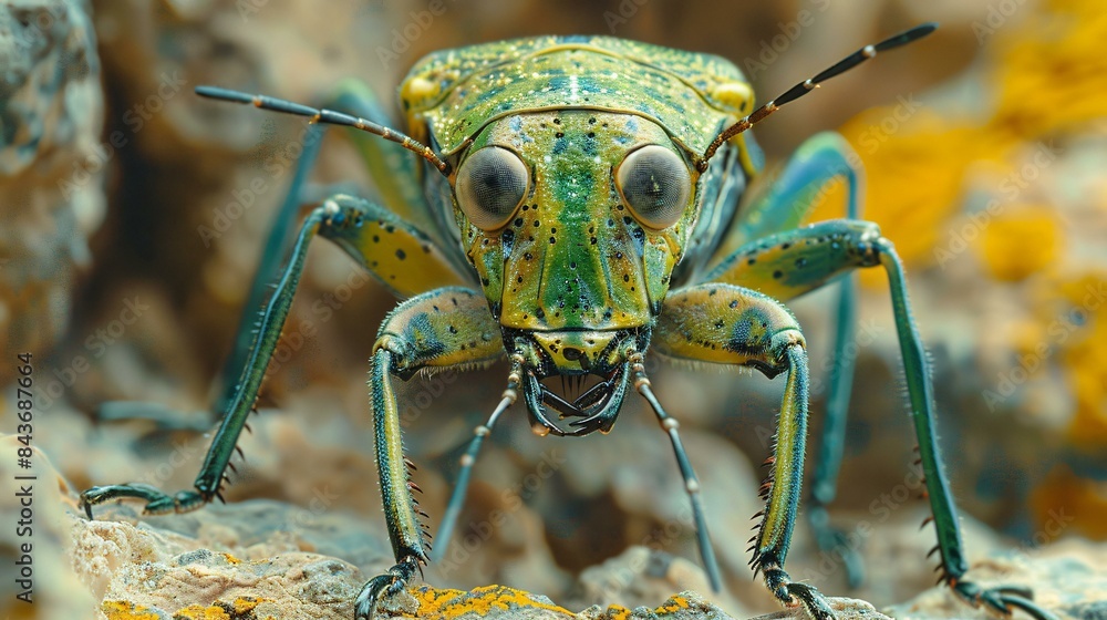 Fototapeta premium A close-up of a colorful insect with large eyes, possibly a grasshopper or katydid. The insect is sitting on a rocky surface and appears to be smiling.