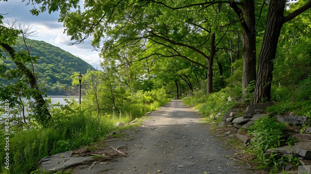Long Empty Hiking Trail with Green Trees at Hudson Highlands State Park in Cold Spring New York : Generative AI Long Empty Hiking Trail with Green Trees at Hudson Highlands State Park in Cold Spring New York : Generative AI