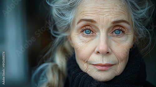 A close up of an older woman with blue eyes and gray hair, wearing a black sweater and scarf. photo