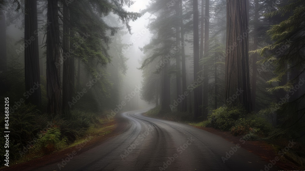 Fototapeta premium Photograph of Foggy Straight Redwood Highway in Northern California, USA.