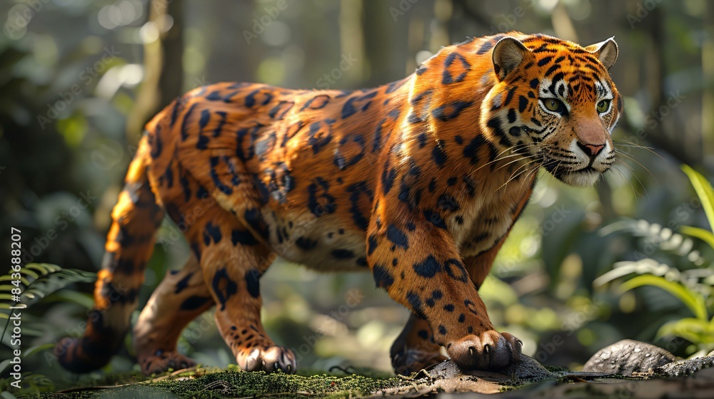 Obraz premium A tiger walking through a forest with trees and leaves in the background.