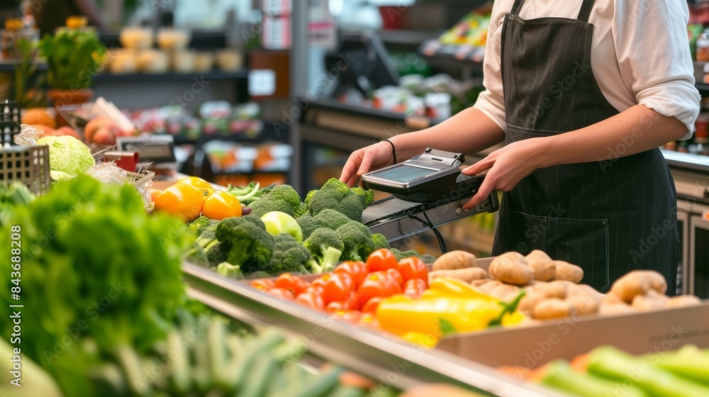 Employee worker working on foot stand in a grocery store. Employee worker working on foot stand in a grocery store.