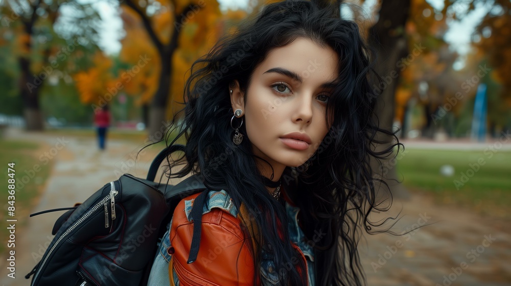 Young woman with backpack in autumn park, blending modern and casual styles against vibrant fall foliage. Young woman with backpack in autumn park, blending modern and casual styles against vibrant fall foliage.