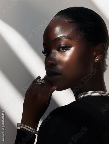 luxury jewelry campaign, a woman wearing a black top and silver bracelet with rings on her wrist, beautiful light, soft skin texture, volumetric lighting, cinematic lighting, a spotlight shining from  photo