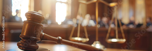 A gavel on the table of an indoor courtroom. with blurred images of people in suits behind it and a golden scale beside it  photo
