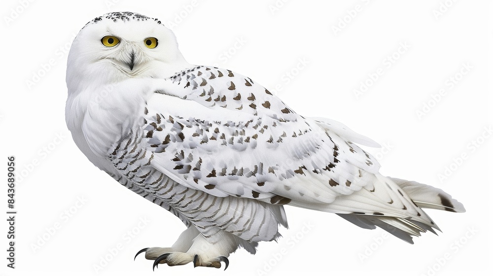 Elegant snowy owl with striking yellow eyes standing proudly, displaying its stunning white and brown feathers Elegant snowy owl with striking yellow eyes standing proudly, displaying its stunning white and brown feathers