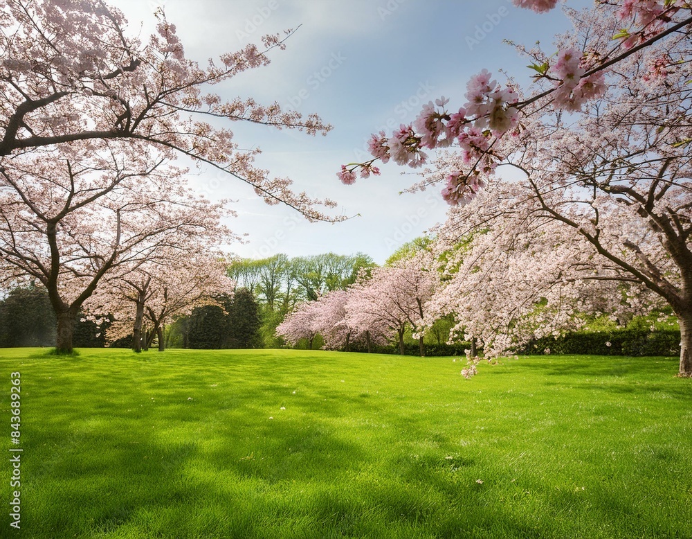 A green lawn with cherry blossom trees in full bloom, creating an enchanting and serene scene A green lawn with cherry blossom trees in full bloom, creating an enchanting and serene scene