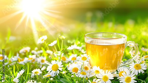 A glass cup of herbal tea with small daisies scattered around it on the table. sunlight in the background 