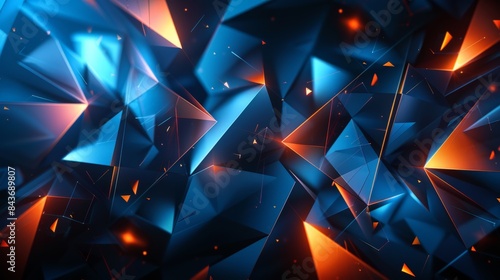A digital abstract with vibrant blue geometric shapes and orange accents on a dark backdrop.