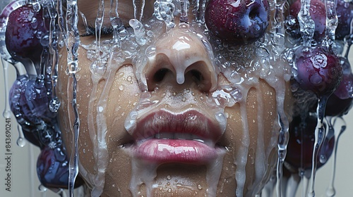 A woman with her face covered in frosting, milk, and other substances.
