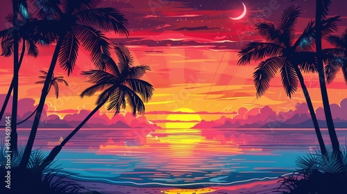 Beautiful colorful sunset on tropical ocean beach with coconut palm trees silhouettes
