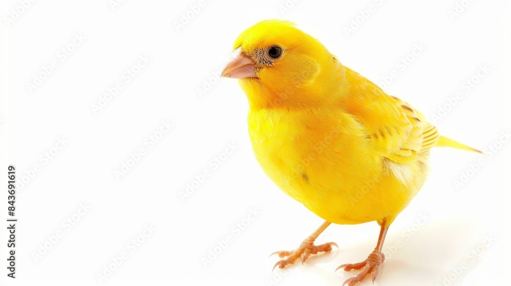 Canary bird perched on white background, gazing to the left of the frame Canary bird perched on white background, gazing to the left of the frame