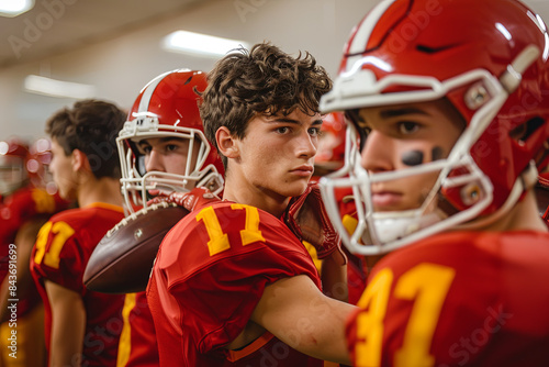 High school teenage boys on a football team getting ready for a game in the locker room, putting on their uniforms and protective gear