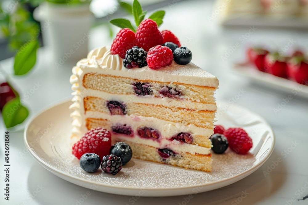 A Slice of Vanilla Cake With Fresh Berries and Whipped Cream on a White Plate A Slice of Vanilla Cake With Fresh Berries and Whipped Cream on a White Plate
