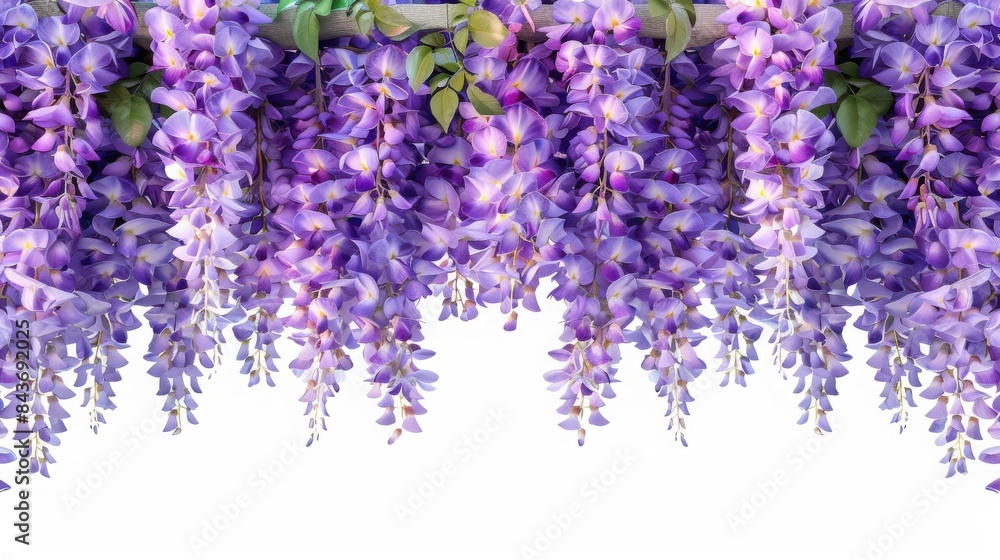 Obraz premium Beautiful hanging purple wisteria flowers in full bloom, creating a stunning backdrop with lush greenery. Vibrant and fragrant springtime display.