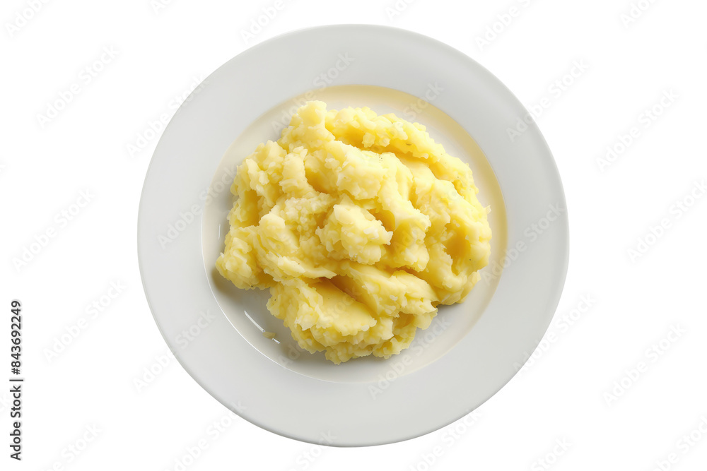 White plate of boil potato mashed isolated on transparent background White plate of boil potato mashed isolated on transparent background