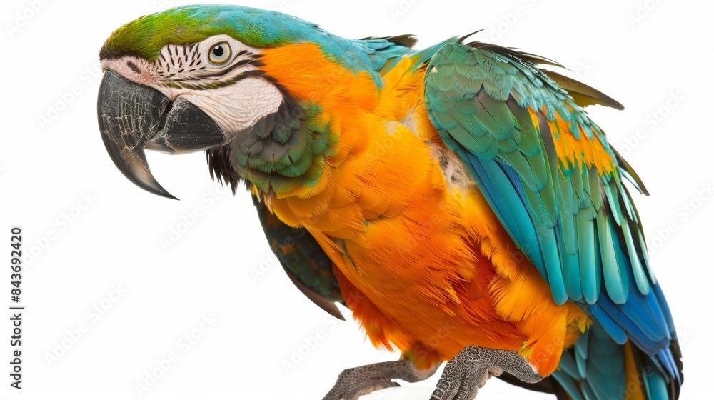 Fototapeta premium Beautiful blue-throated macaw parrot perched on a white background, displaying its vibrant colors