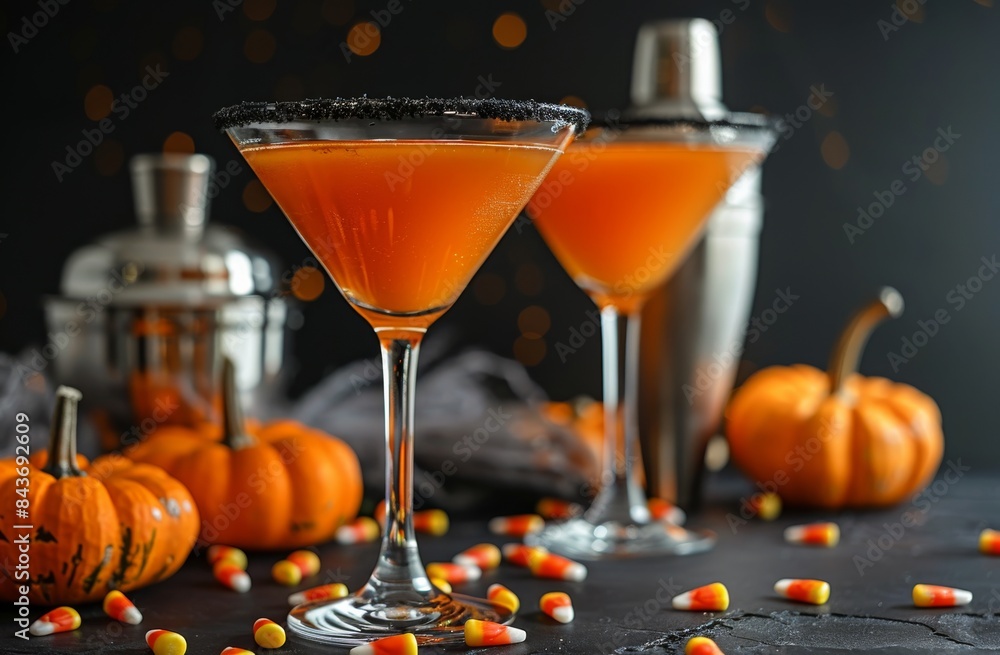 Two Pumpkin Spice Martinis With Black Sugar Rim and Candy Corn on a Black Surface Two Pumpkin Spice Martinis With Black Sugar Rim and Candy Corn on a Black Surface