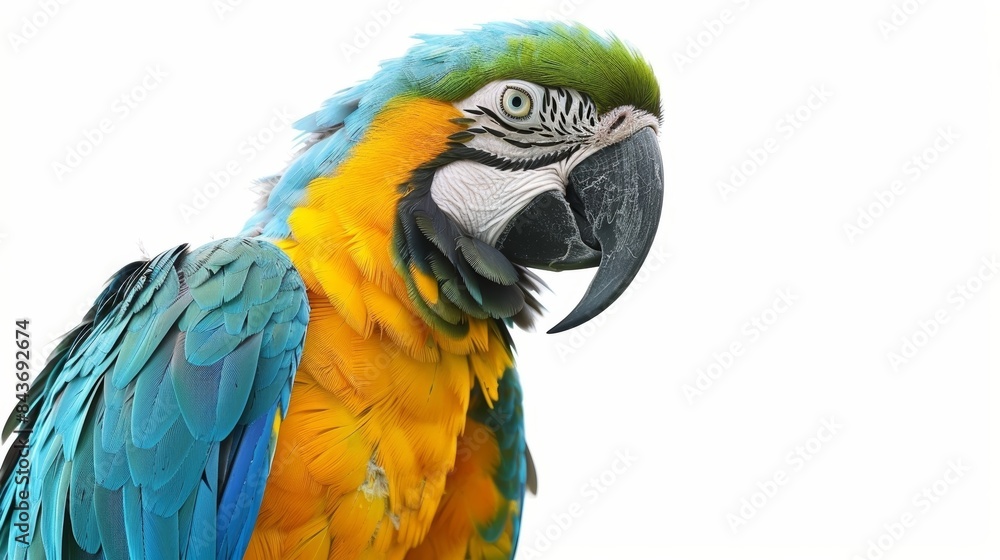 Fototapeta premium Blue and yellow macaw parrot posing in front of a white backdrop for the camera