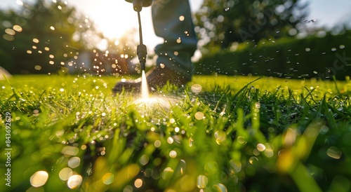 Watering Grass Lawn With A Hose On A Sunny Day
