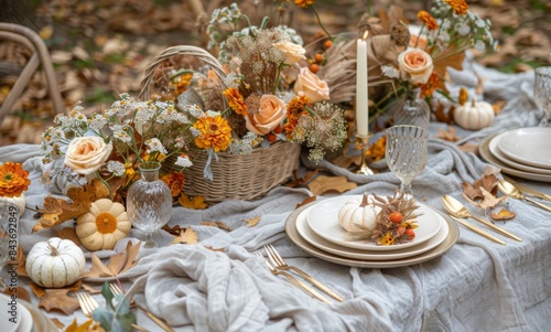 Autumnal Table Setting With White Flowers, Pumpkins, and Fall Leaves