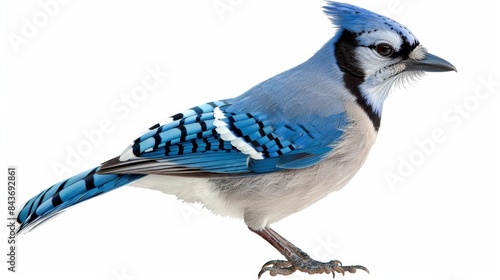 Blue jay perching with its crest raised, showing off its bright blue and white feathers photo