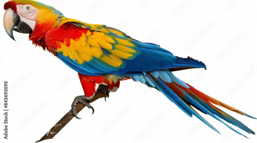 Obraz premium Stunning scarlet macaw displaying its vibrant blue, red, yellow, and green feathers while perched on a branch