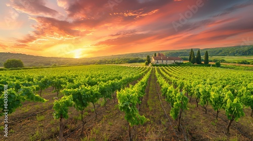 Green summer vinery fields under beautiful sunset sky with some classic french houses at distance