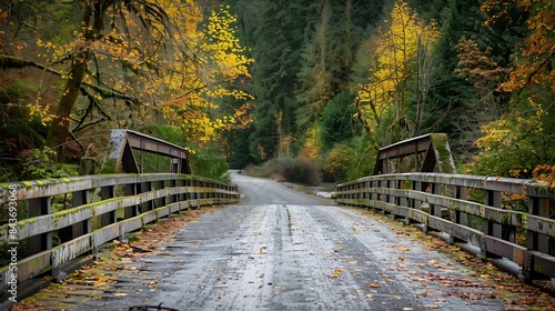 Empty bridge hovering over the Skokomish River along the Staircase Loop during the autumn season in the Pacific Northwest Washington United States : Generative AI