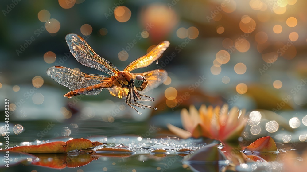 A dragonfly hovering above a pond, its wings glistening in the sunlight. A dragonfly hovering above a pond, its wings glistening in the sunlight.