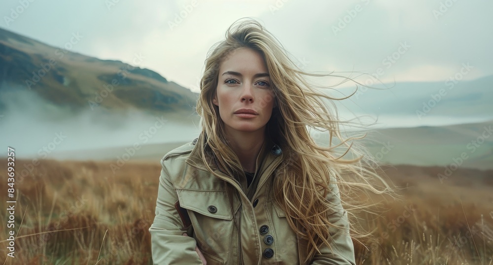 Young Woman With Long Blonde Hair Standing in a Field on a Cloudy Day Young Woman With Long Blonde Hair Standing in a Field on a Cloudy Day