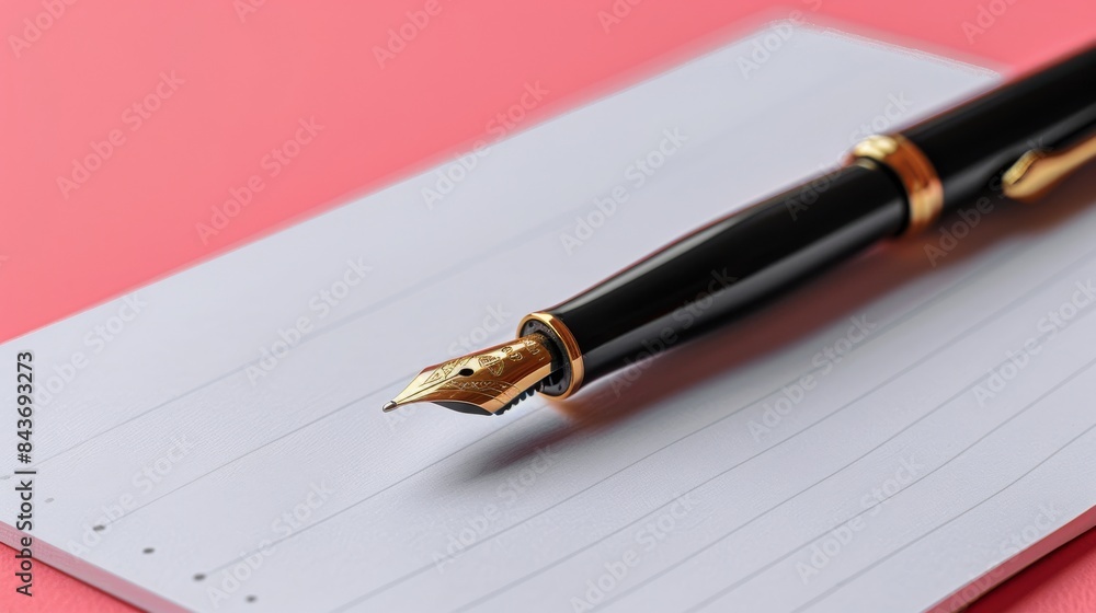 Blank Spiral Notebook and Black Fountain Pen on Pink Surface Blank Spiral Notebook and Black Fountain Pen on Pink Surface