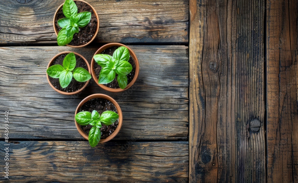 Four Fresh Basil Plants In Terracotta Pots On Weathered Wooden Surface Four Fresh Basil Plants In Terracotta Pots On Weathered Wooden Surface
