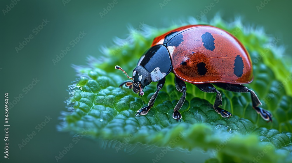 Fototapeta premium A ladybug crawling on a green leaf, emphasizing the small wonders of the insect world.