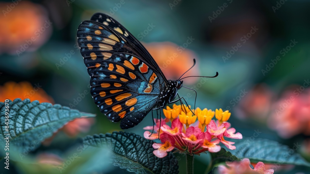 Close-up of a colorful butterfly resting on a vibrant flower, showcasing the beauty of nature. Close-up of a colorful butterfly resting on a vibrant flower, showcasing the beauty of nature.