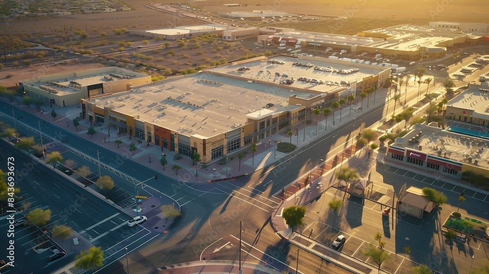 Fototapeta premium Afternoon aerial view of new shopping mall sprawl and empty lots of downtown Goodyear Arizona USA : Generative AI