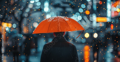 Person Walking Under Orange Umbrella in Snowing City at Night